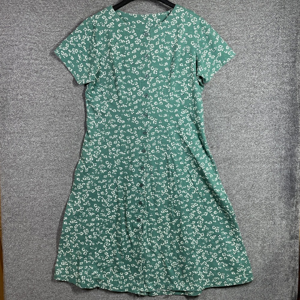 Vintage Cherokee Dress 20W Green Floral Cotton Button Front Midi USA